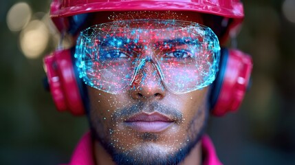Construction worker wearing augmented reality glasses and safety equipment