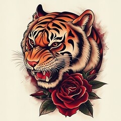 Tiger tattoo design american traditional flash inspiration strong symbolism rose flower heritage fierce old school