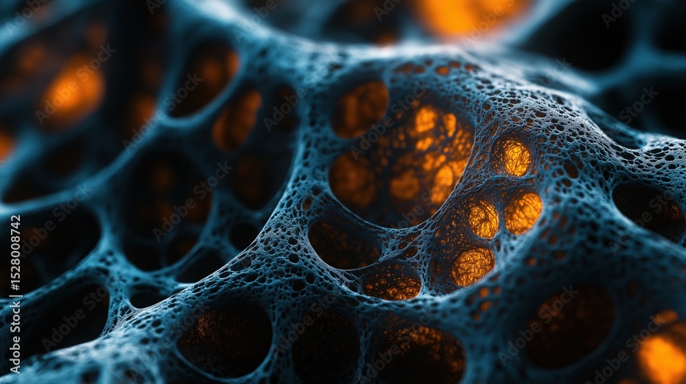 Poster microscopic mesh structure with glowing orange cores in black organic web