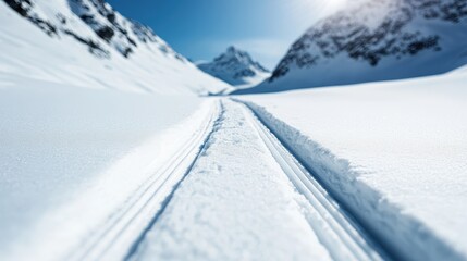 Fresh ski tracks weave through a stunning snowy mountain landscape under bright sunlight, inviting adventure and showcasing the beauty of winter's untouched nature.