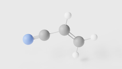 acrylonitrile molecule 3d, molecular structure, ball and stick model, structural chemical formula nitrile group