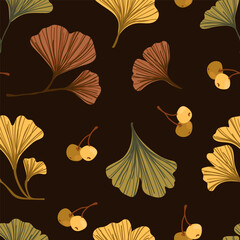 Ginkgo biloba leaves, branch, pod seamless pattern. Cosmetics ayurvedic herb ginkgo plant texture