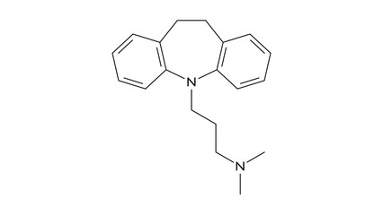 imipramine molecule, structural chemical formula, ball-and-stick model, isolated image antidepressant