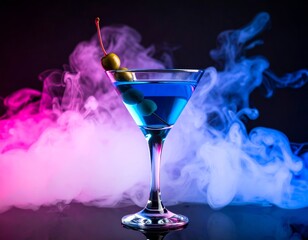 A vibrant cocktail glass with blue liquid, cherry, and olive garnish sits on a black surface, surrounded by pink-purple smoke, creating a dreamy, dark backdrop.