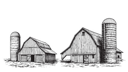 Engraved barn with grain silo vintage rural agriculture property wooden structure bold detailed illustration © Gabut Stock