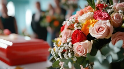 A vibrant floral arrangement featuring roses, daisies, and greenery sits beside a red casket, reflecting the contrasting emotions present during a memorial service.