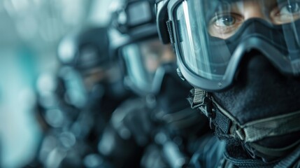 An intense close-up of a tactical team ready for an operation, showcasing their focus and professionalism, equipped with advanced gear and ready to tackle any challenge.