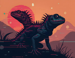 Conceptual stylized lizard portrait illustration featuring retro sunset background