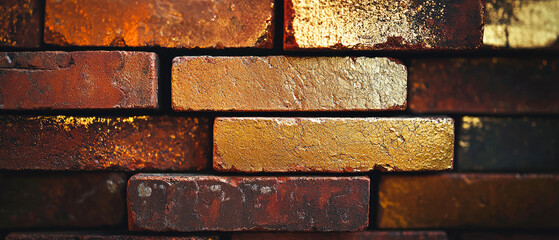 Close-up of a weathered brick wall illuminated by sunlight, with a golden hue highlighting, shimmer the texture and reddish-brown color of the bricks.