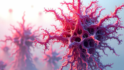 Abstract microscopic organic structure with detailed branches and voids in pink