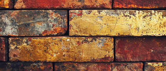 Close-up of a weathered brick wall illuminated by sunlight, with a golden hue highlighting, shimmer the texture and reddish-brown color of the bricks.