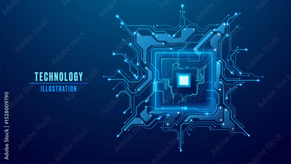 Leinwandbilder AI digital chip with circuit board components on a technology blue background. Abstract tech semiconductor. Computers and electronics innovation concept. Vector illustration.
