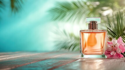 A stunning image of an elegant glass perfume bottle resting on a wooden surface, complemented by delicate flowers and tropical leaves, embodying beauty and luxury.
