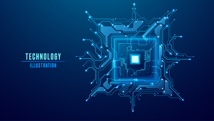 AI digital chip with circuit board components on a technology blue background. Abstract tech semiconductor. Computers and electronics innovation concept. Vector illustration.