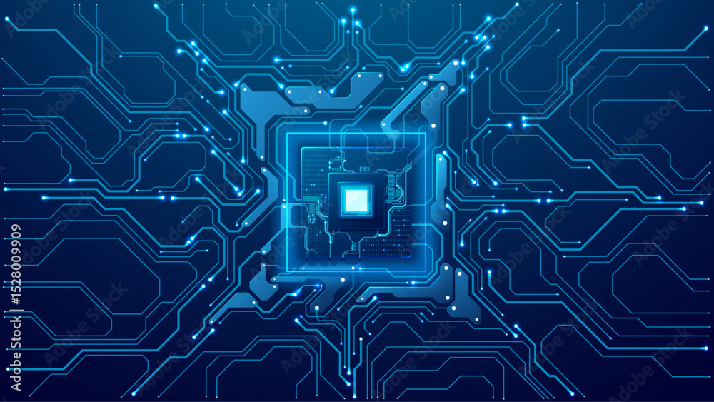 Leinwandbilder AI chip in technology blue with circuit board components on modern tech background. Artificial Intelligence semiconductor with wires. Machine learning and computer innovation concept. Digital vector.