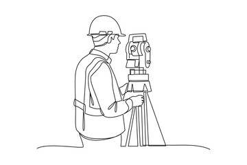 Simple continuous line drawing of surveyor engineer setting equipment. Engineer minimalist concept. Surveyor engineers with equipment, theodolite or total positioning station on the construction site