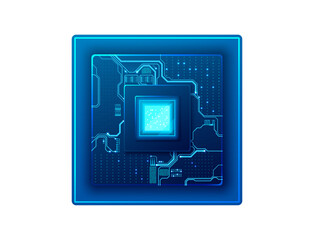Abstract isolated digital AI chip with neon circuit board components. Artificial Intelligence semiconductor in technology blue. Tech vector illustration. 