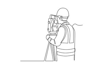 Simple continuous line drawing of surveyor engineer setting equipment. Engineer minimalist concept. Surveyor engineers with equipment, theodolite or total positioning station on the construction site