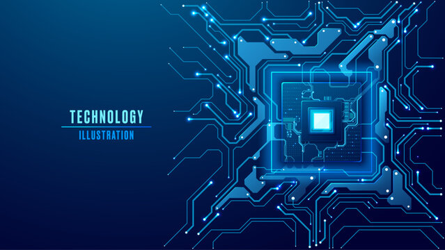 AI quantum computer concept. Artificial intelligence chip on a circuit board on a technology blue background. Cover for web presentation or banner. Tech bg. Abstract digital vector illustration.