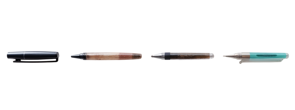 A group of three different colored pens sitting next to each other.