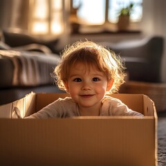 Little girl happily sitting inside a cardboard box with a smile and a sense of adventure