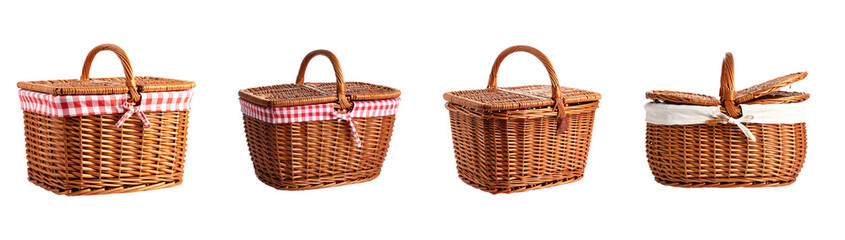 Wicker Picnic Basket with Red Checkered Cloth set  isolated on transparent or white background	