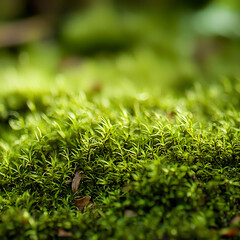 Macro shot of lush green  detailed texture of moss. Forest nature-inspired designs.