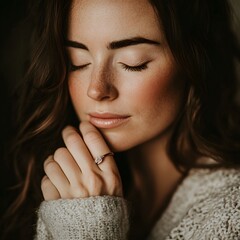 Beautiful woman with long brown hair casually smiling with natural light illuminating her features