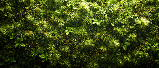 Macro shot of lush green  detailed texture of moss. Forest nature-inspired designs.
