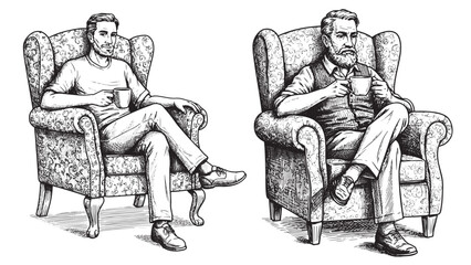 Engraved man drinking coffee cup relaxing vintage leisure morning routine casual bold detailed illustration