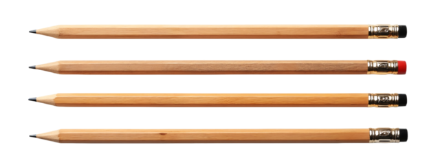 A set of four wooden pencils with a red eraser on top of them.