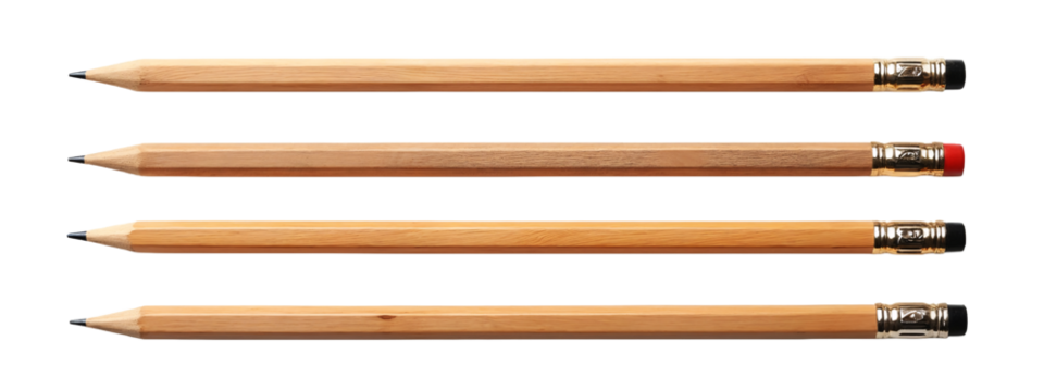 A set of four wooden pencils with a red eraser on top of them.
