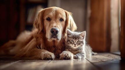 Golden retriever and kitten sharing a quiet moment, a heartwarming bond between unlikely friends.