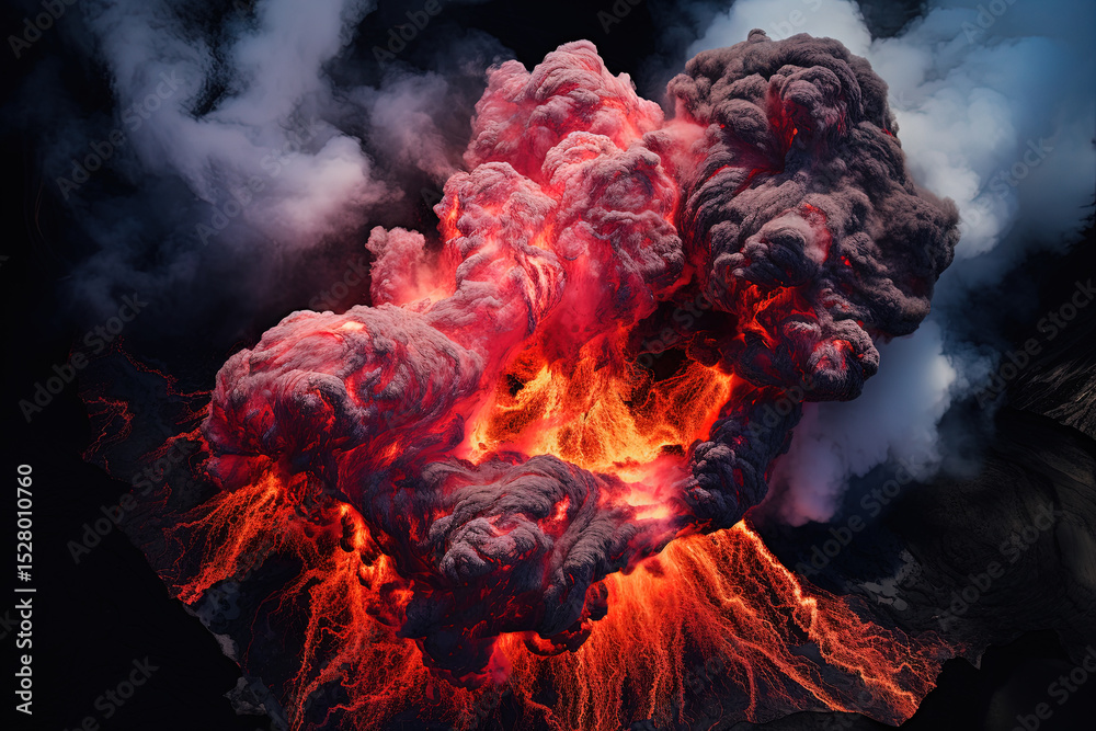 Sticker volcano eruption from a bird view. volcano crater and magma flow shot from above. genertated ai.