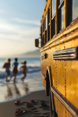 Golden-hour school bus parked near a scenic beach as joyful children dash towards the waves, leaving their shoes behind. Nostalgic coastal adventure, soft focus, cinematic realism.
