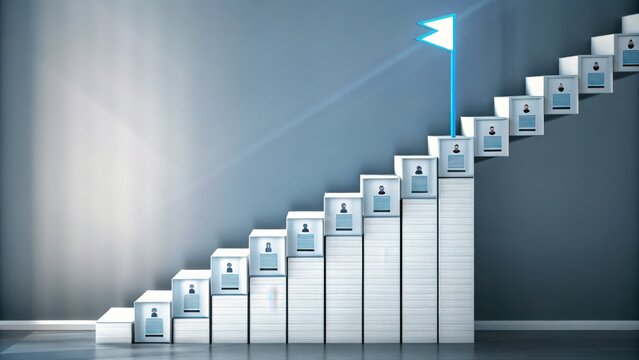 A staircase made of stacked resumes leads upward to a glowing flag, symbolizing career progress or job search success.
