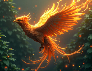 Fiery phoenix soars amid a forest of enchantment with magical embers