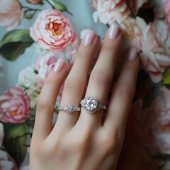 Woman's hand beautifully displaying a diamond , highlighting its sparkle and unique elegance