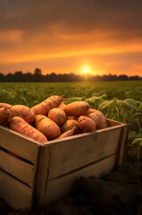 Sweet potatoes harvested in a wooden box with field and sunset in the background. Natural organic fruit abundance. Agriculture, healthy and natural food concept. Vertical composition.