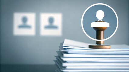A stack of documents with a stamp featuring a human profile, symbolizing approval or recruitment, with blurred profiles in the background.