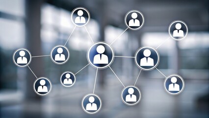 A digital network diagram shows interconnected user icons against a blurred office background, symbolizing teamwork, communication, and connectivity.