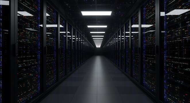 Dark Server Room Exploring the Core of Data Centers - Powered by Adobe