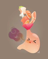 This cartoon illustration shows a stomach forced to belch due to eating too much food, highlighting digestive discomfort with exaggerated expression.