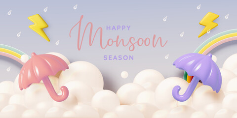 Peaceful Monsoon Season with Umbrella, Raindrops, and Clouds in Soft Pastel 3D Design