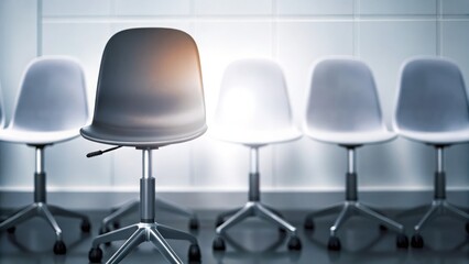A single office chair stands out among a row of identical white chairs in a modern, minimalistic room.