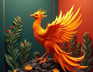 Vibrant orange phoenix sculpture amidst flora, invoking mythology and artistry