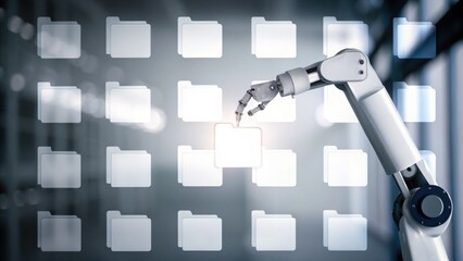 A robotic arm interacts with virtual folders, symbolizing automation in digital data management and technology.