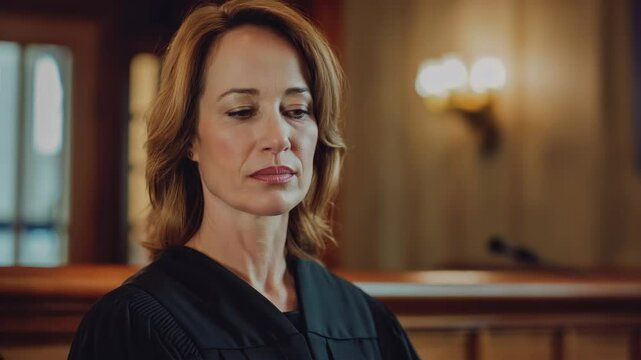 Confident female judge standing in a courtroom, exuding authority and wisdom while embodying the principles of justice and fairness within the legal system