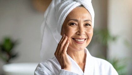 Smiling mature woman in robe and towel touching her face, enjoying skincare routine in a bright, serene indoor setting
