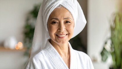Smiling mature woman in a white bathrobe and towel, exuding warmth and relaxation in a serene spa-like environment